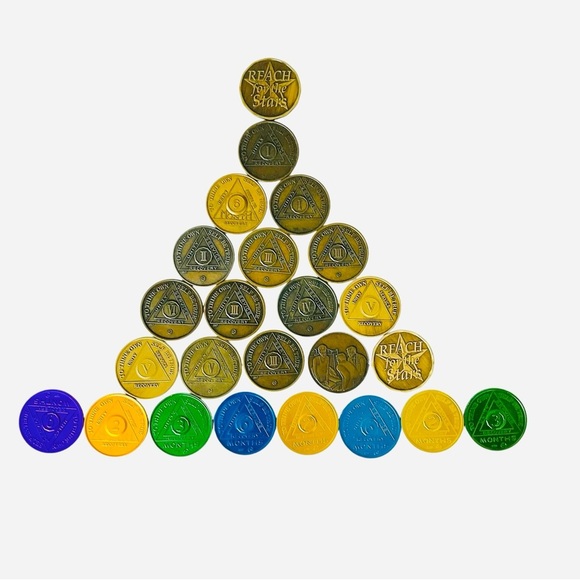 Lot of 24 Alcoholics Anonymous AA Recovery Sobriety Tokens Coins Chips ~ Varied - Picture 1 of 7